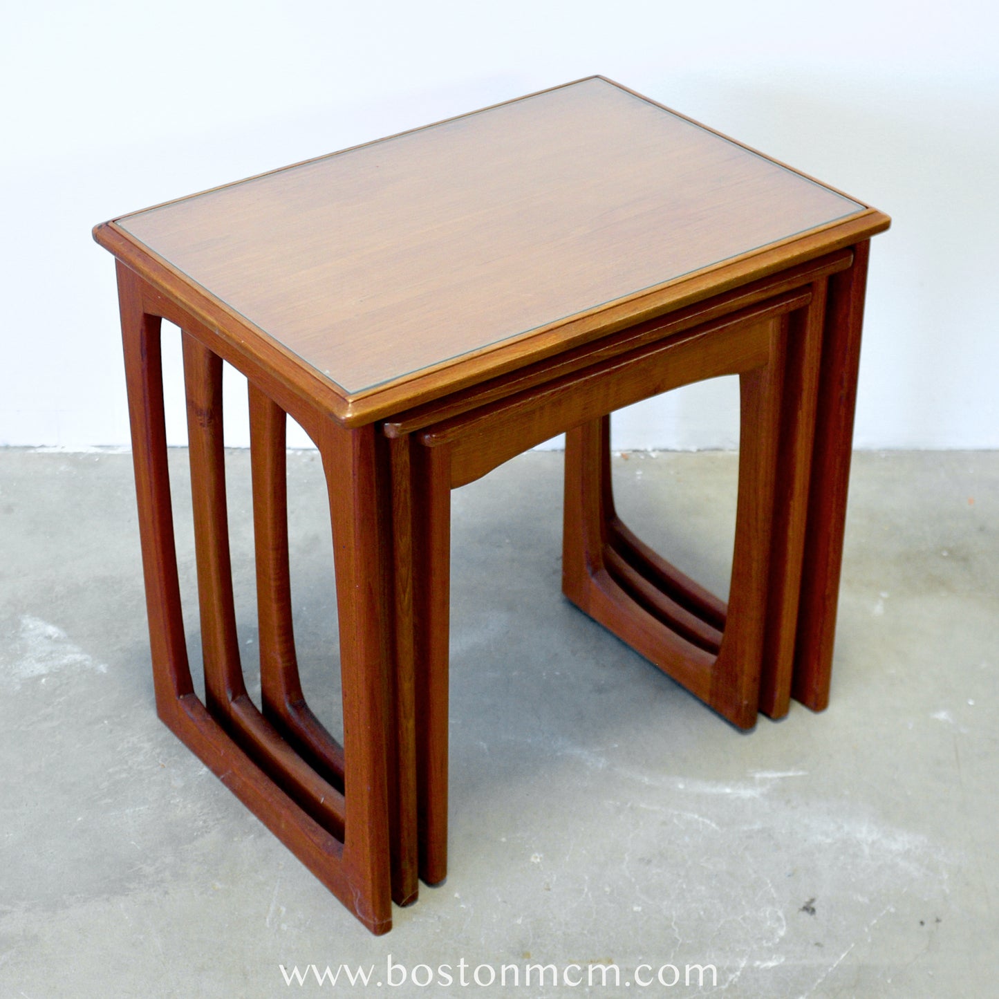 G-Plan "Quadrille" Set of 3 Teak Nesting Tables with Inlaid Glass Tops - #A53