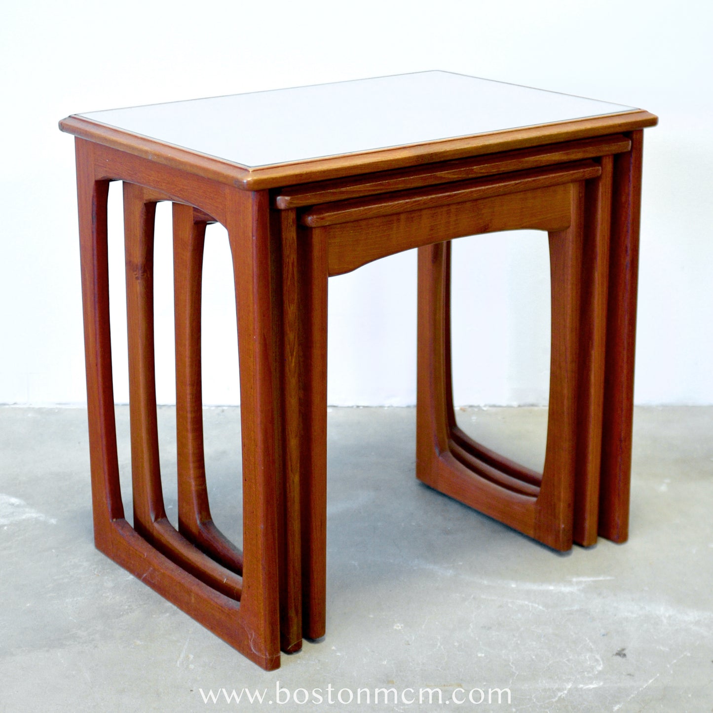 G-Plan "Quadrille" Set of 3 Teak Nesting Tables with Inlaid Glass Tops - #A53