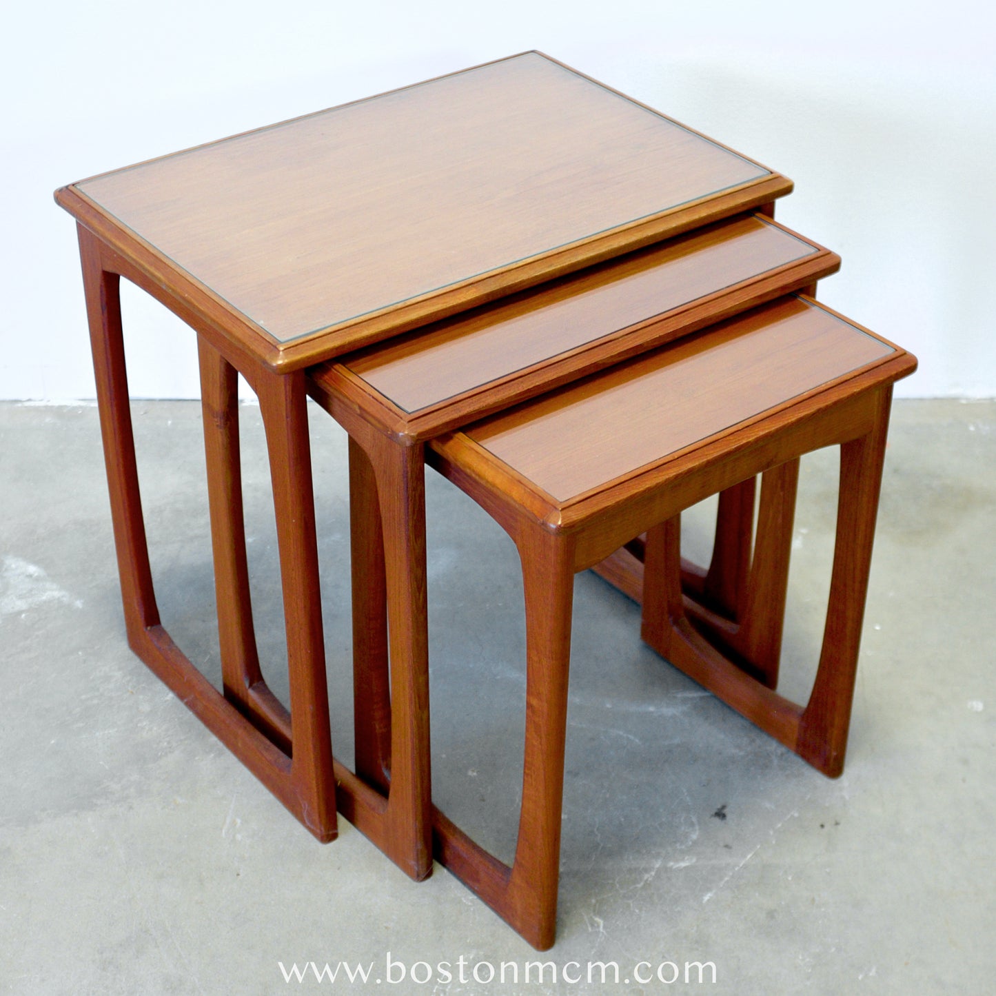 G-Plan "Quadrille" Set of 3 Teak Nesting Tables with Inlaid Glass Tops - #A53