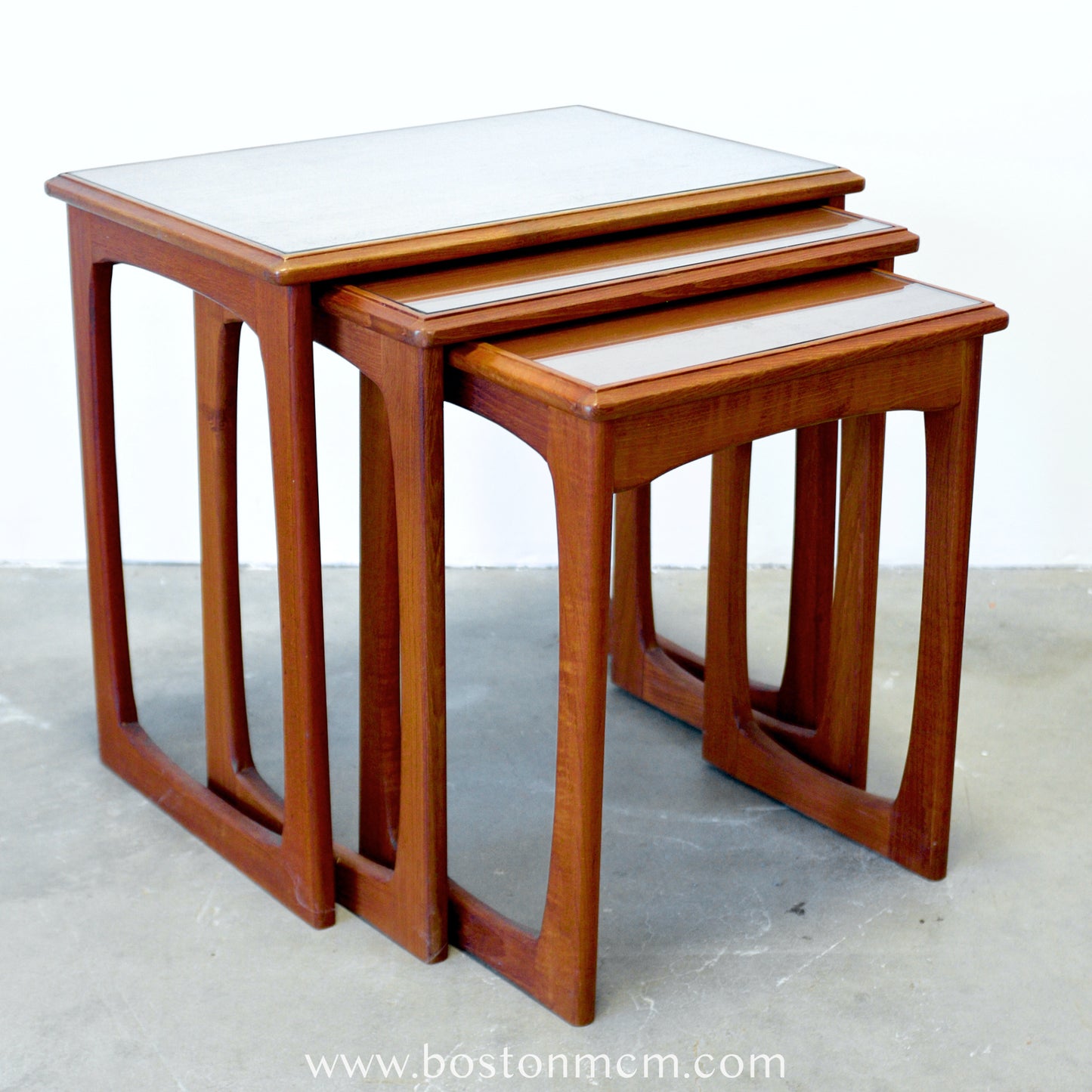 G-Plan "Quadrille" Set of 3 Teak Nesting Tables with Inlaid Glass Tops - #A53