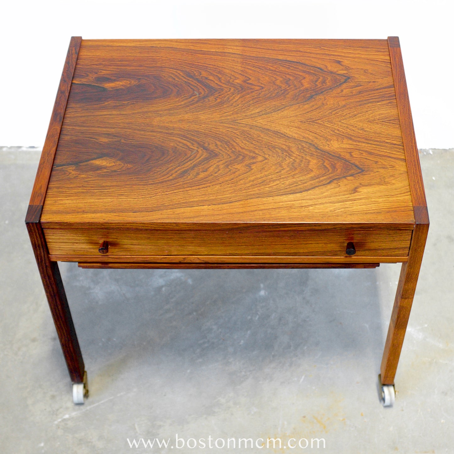 Danish Rosewood Sewing Table with Cane Basket & Wheels - #A1794