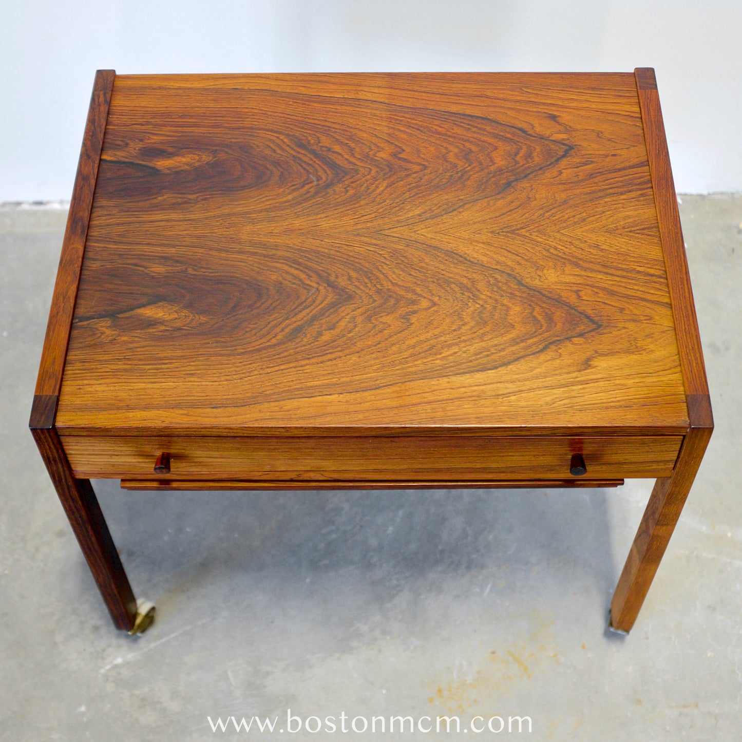 Danish Rosewood Sewing Table with Cane Basket & Wheels - #A1794