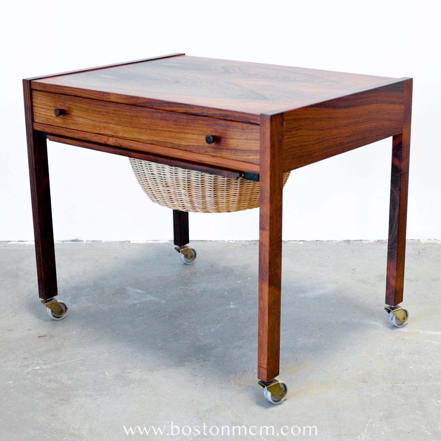 Danish Rosewood Sewing Table with Cane Basket & Wheels - #A1794