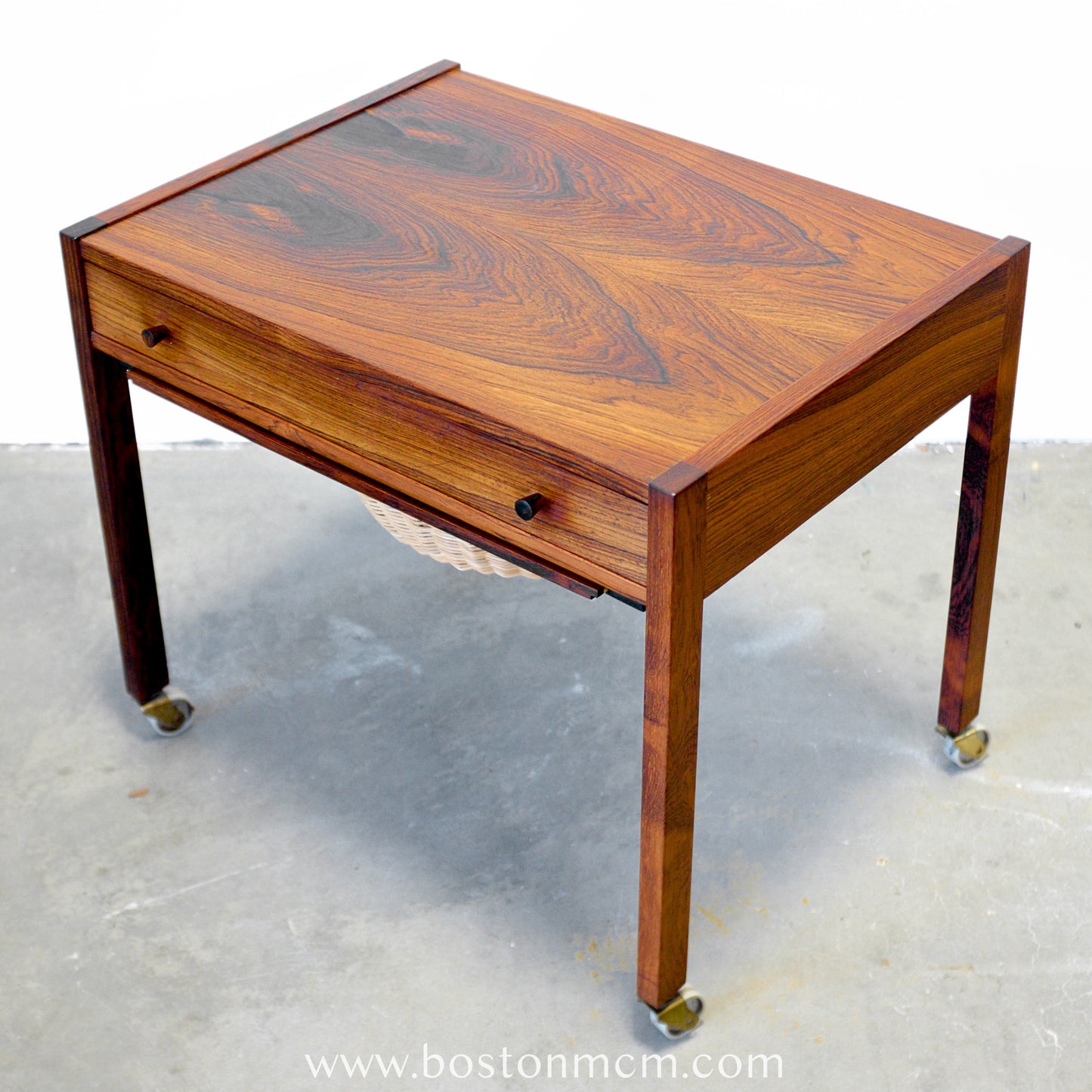 Danish Rosewood Sewing Table with Cane Basket & Wheels - #A1794