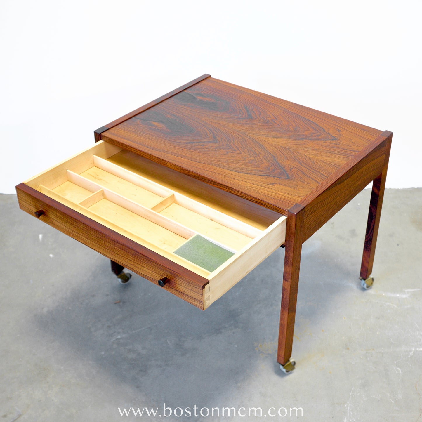 Danish Rosewood Sewing Table with Cane Basket & Wheels - #A1794