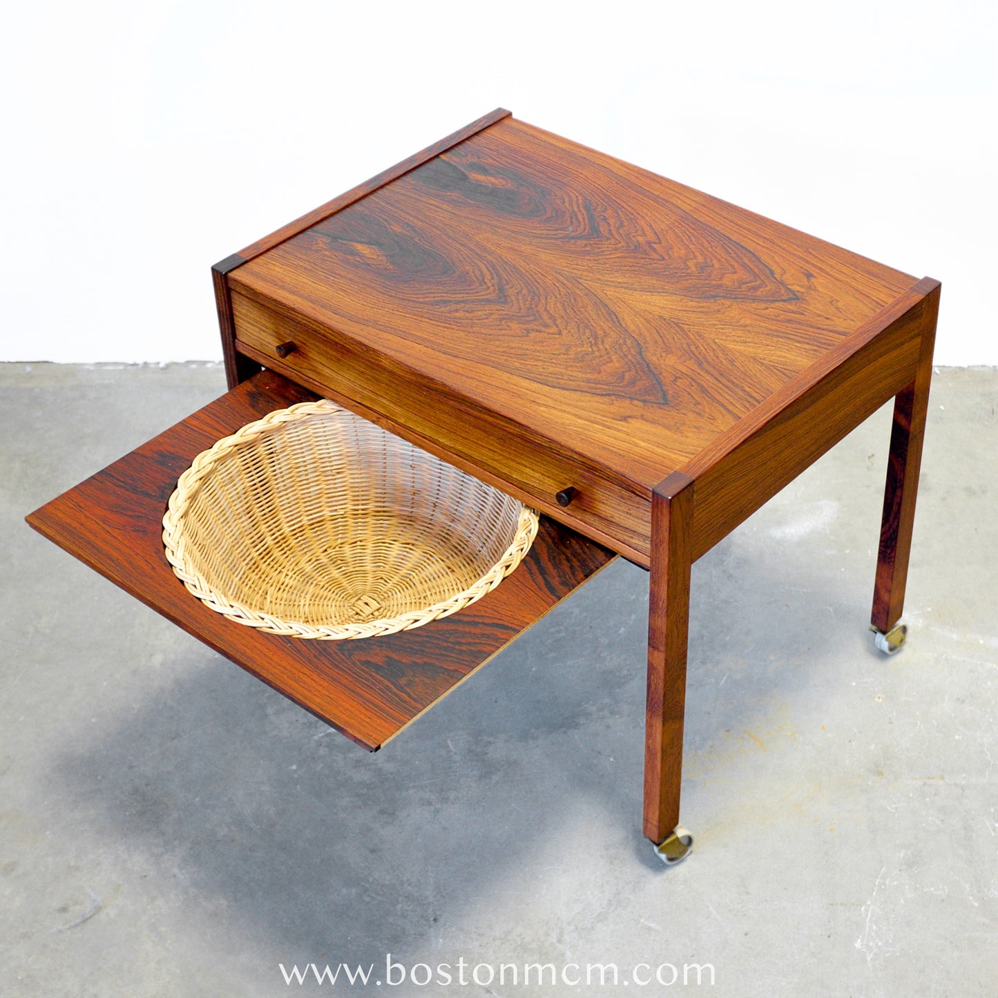 Danish Rosewood Sewing Table with Cane Basket & Wheels - #A1794