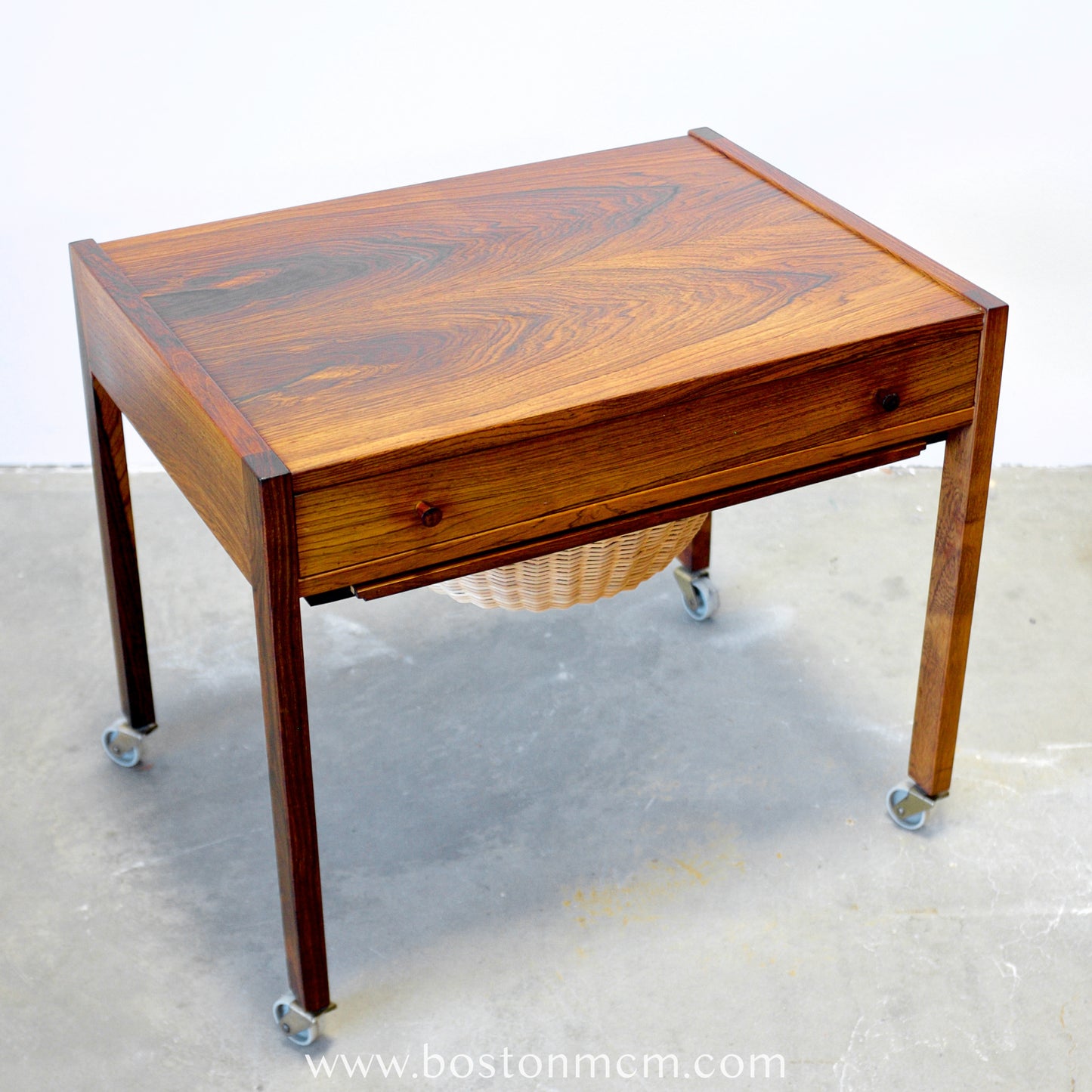 Danish Rosewood Sewing Table with Cane Basket & Wheels - #A1794