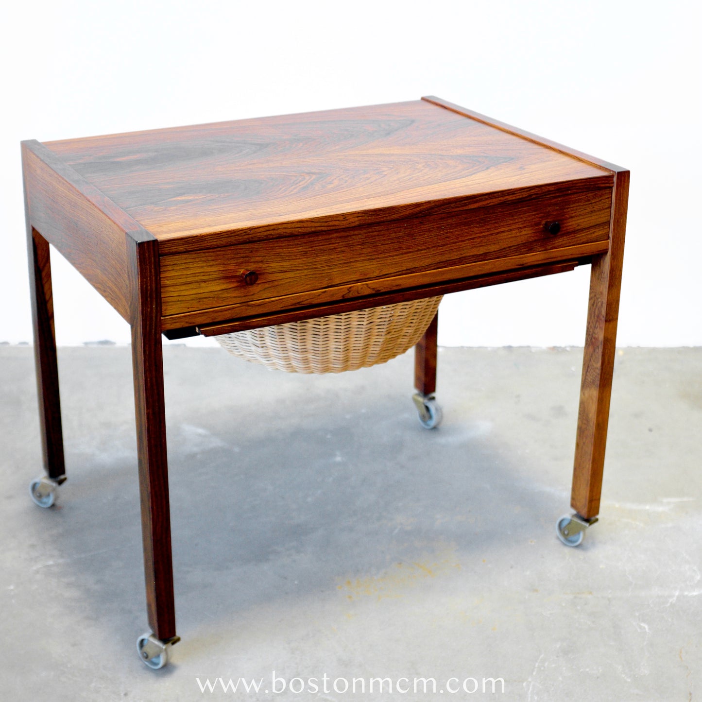 Danish Rosewood Sewing Table with Cane Basket & Wheels - #A1794