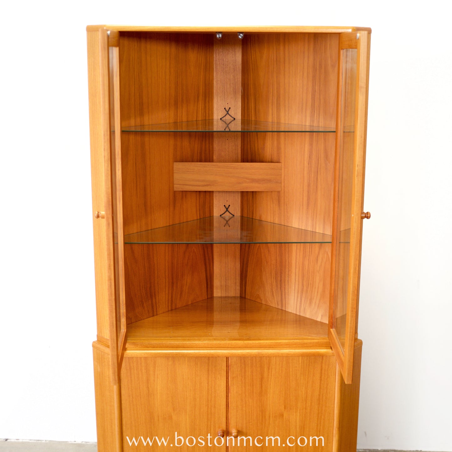 Danish Teak Corner Cabinet with Interior Lighting & Glass Shelving - #A1568