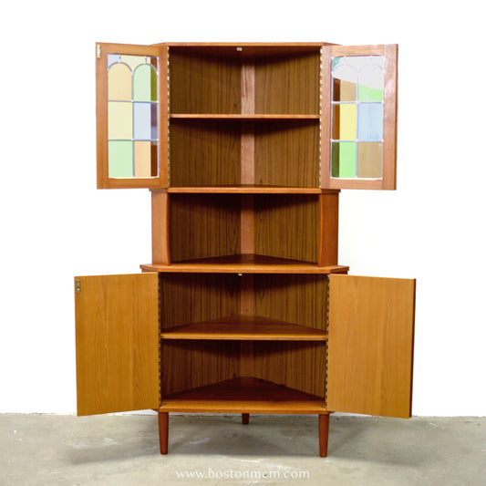 Danish Teak Corner Cabinet w/ Multicolored Stained Glass Doors - #A1875