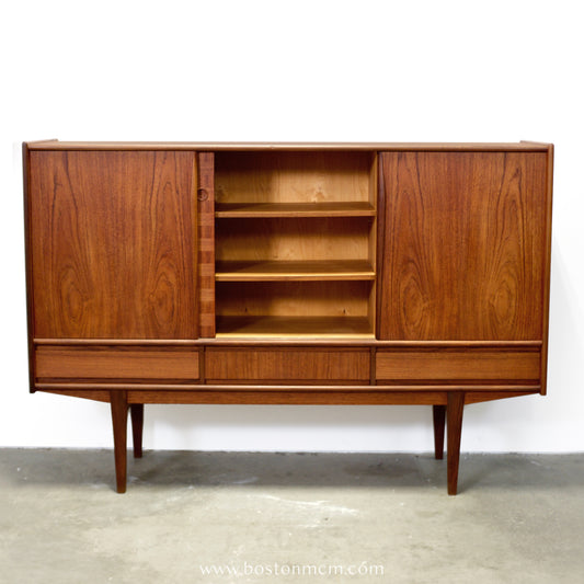 Danish Teak Tall Sideboard / Highboard with Inlaid Veneer Design - #A1639