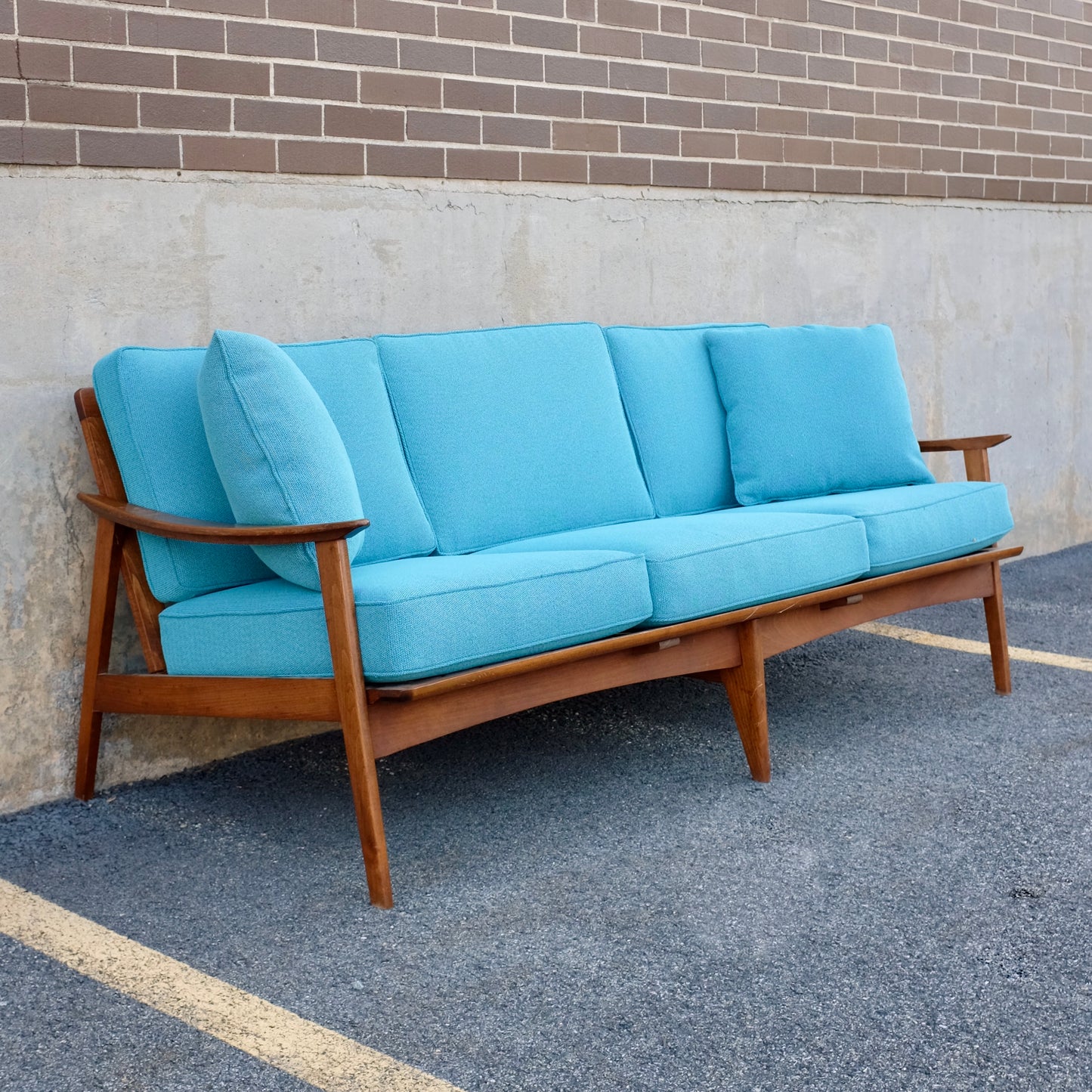 Walnut Spindle-Back Couch - Newly Upholstered