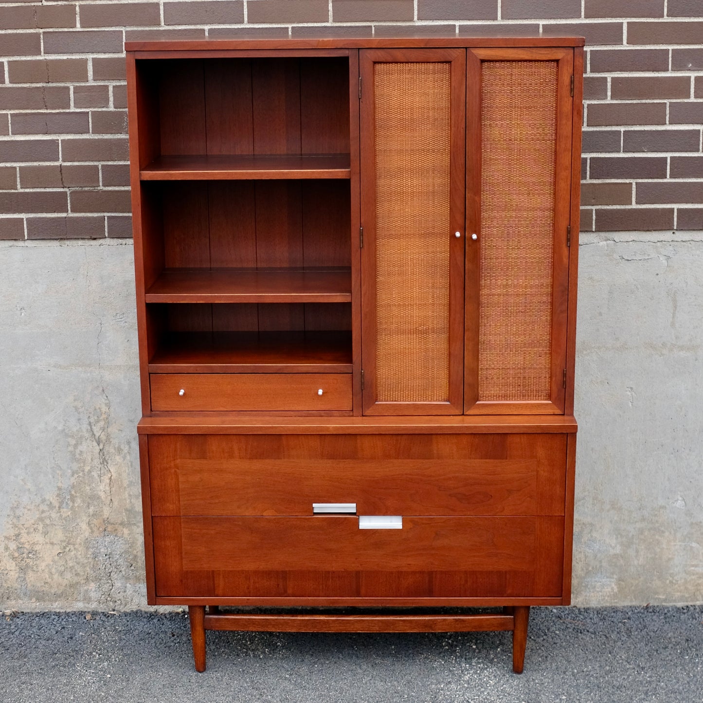 American of Martinsville "Accord" Walnut & Cane Hutch / China Cabinet