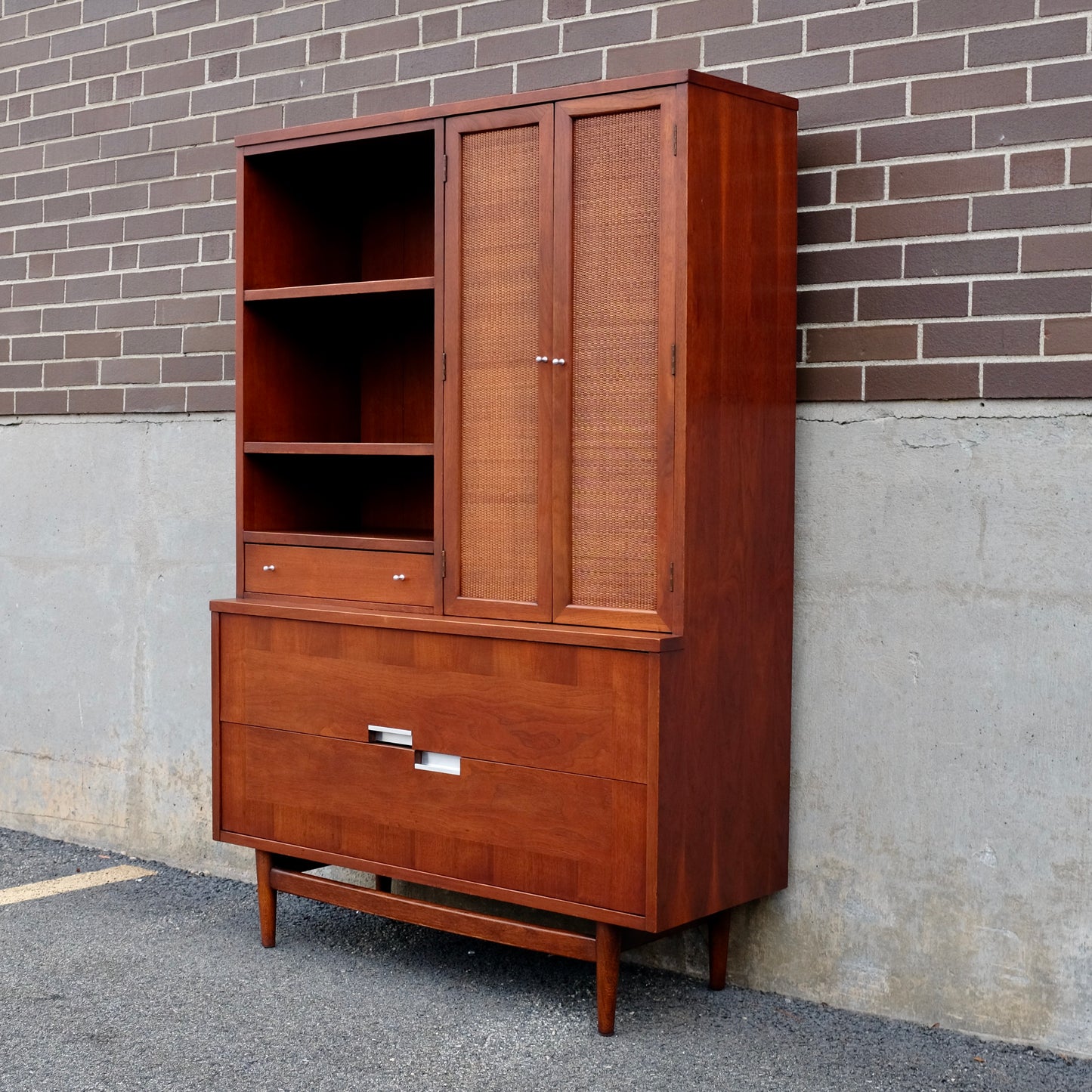 American of Martinsville "Accord" Walnut & Cane Hutch / China Cabinet