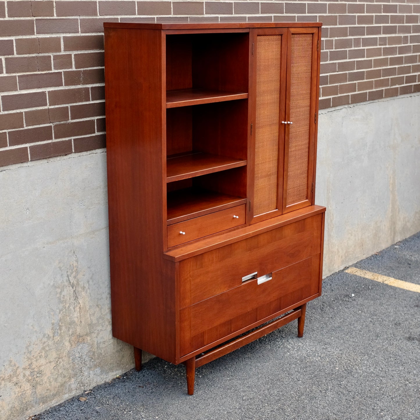 American of Martinsville "Accord" Walnut & Cane Hutch / China Cabinet