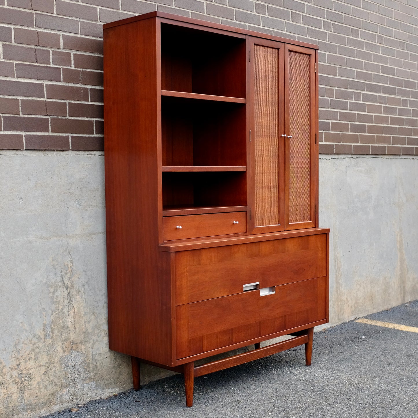 American of Martinsville "Accord" Walnut & Cane Hutch / China Cabinet