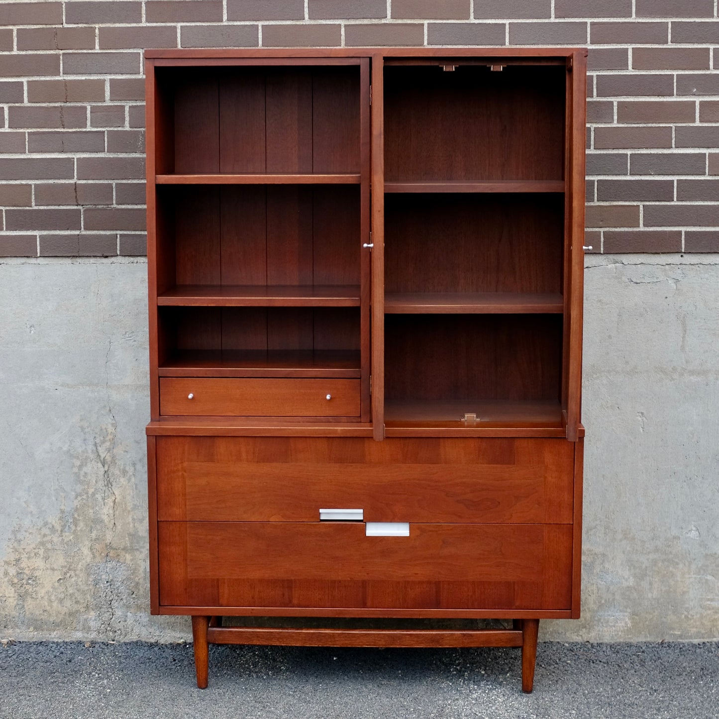 American of Martinsville "Accord" Walnut & Cane Hutch / China Cabinet