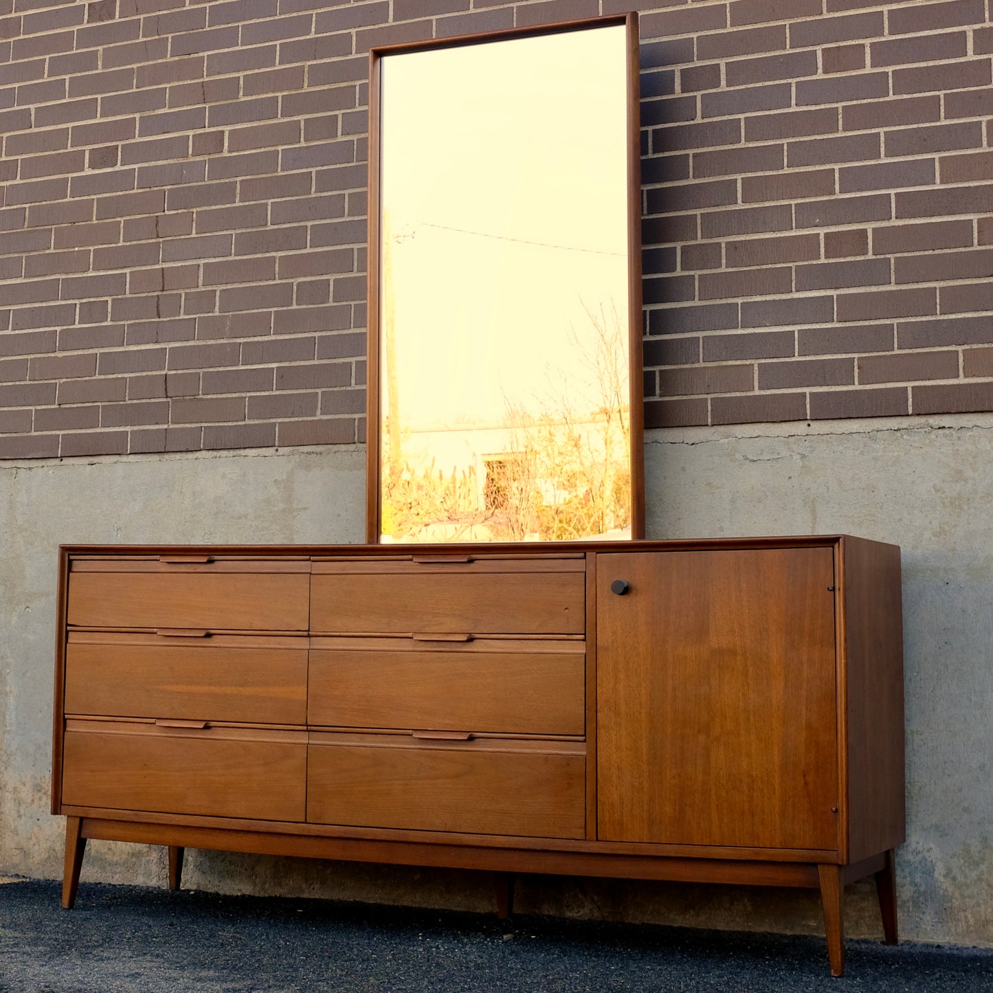 American of Martinsville Nine Drawer Walnut Dresser & Mirror