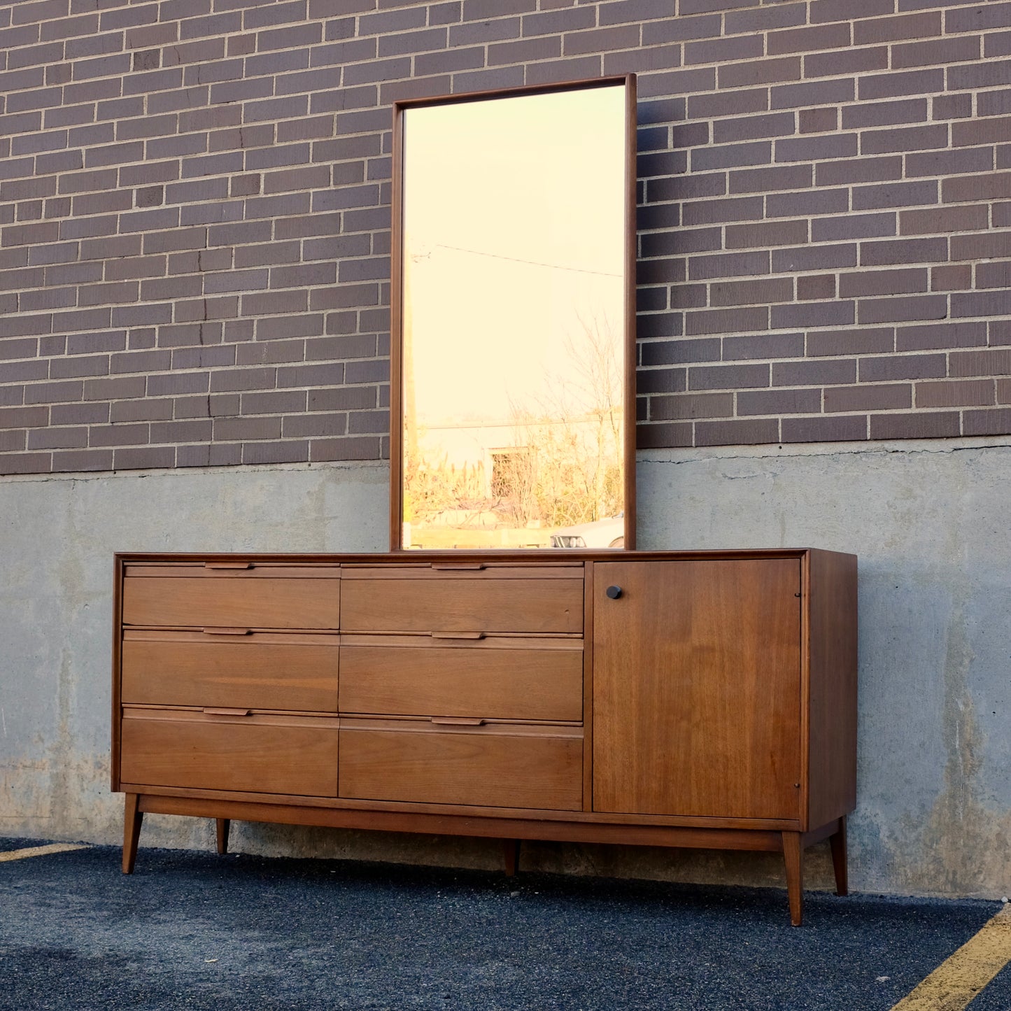 American of Martinsville Nine Drawer Walnut Dresser & Mirror