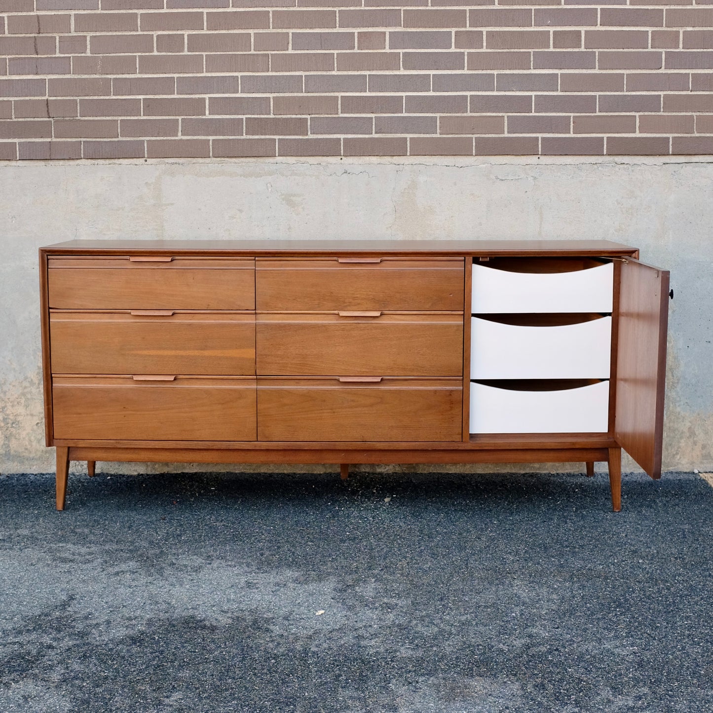 American of Martinsville Nine Drawer Walnut Dresser & Mirror
