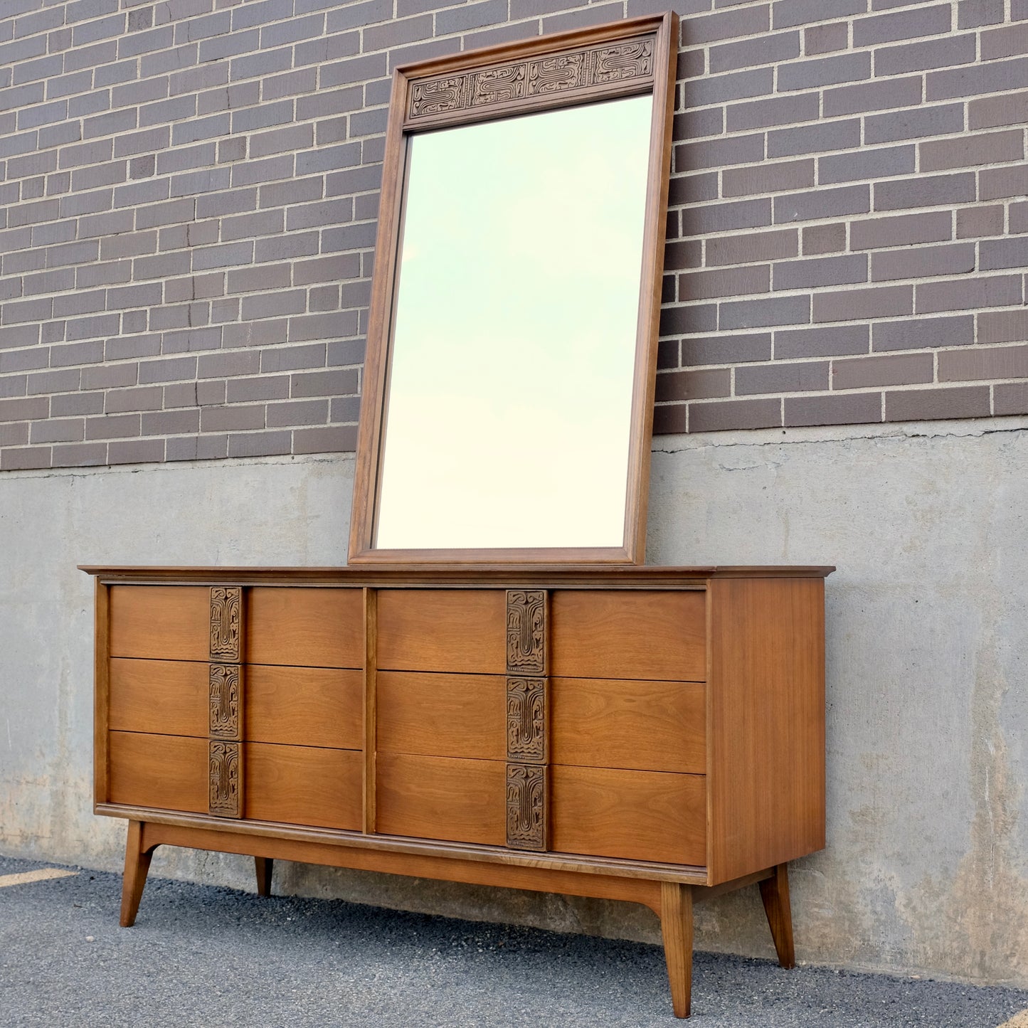 Bassett Furniture "Aztec" Walnut Dresser & Mirror