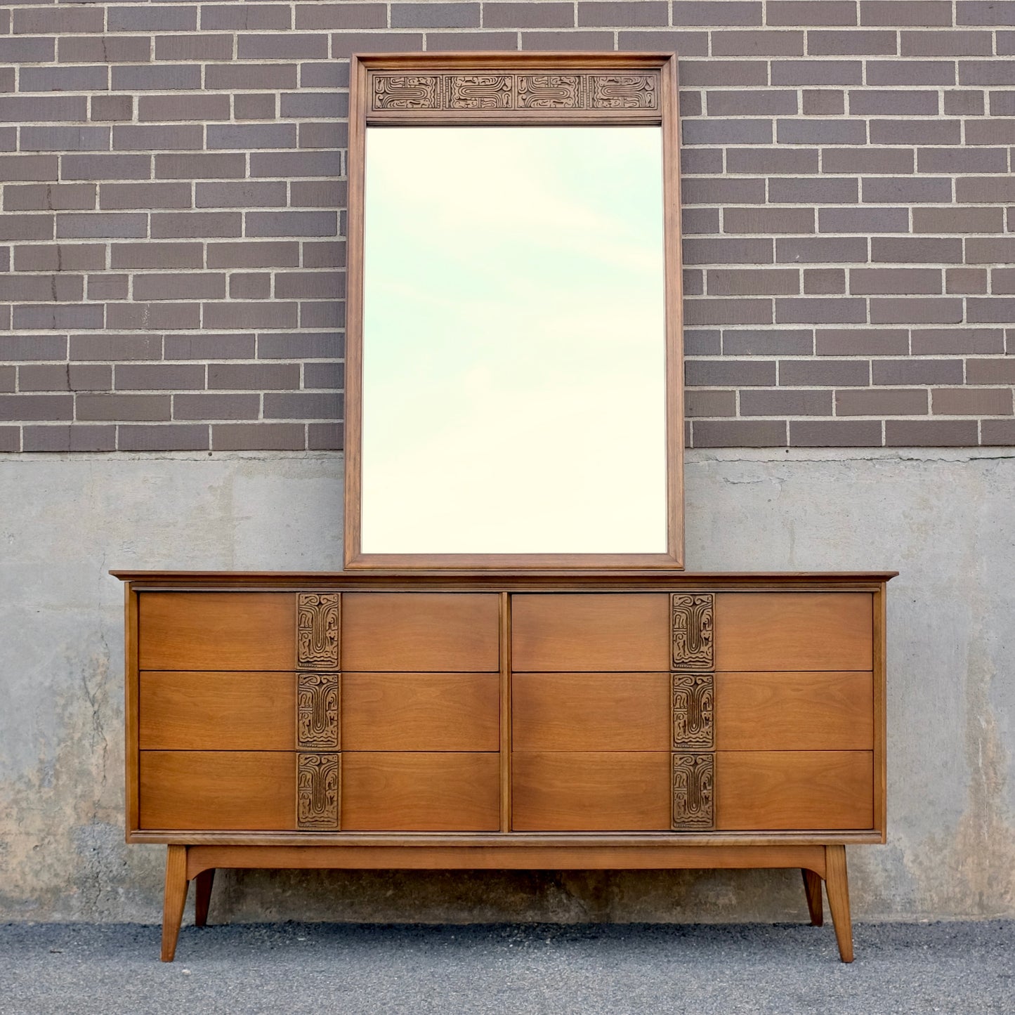 Bassett Furniture "Aztec" Walnut Dresser & Mirror