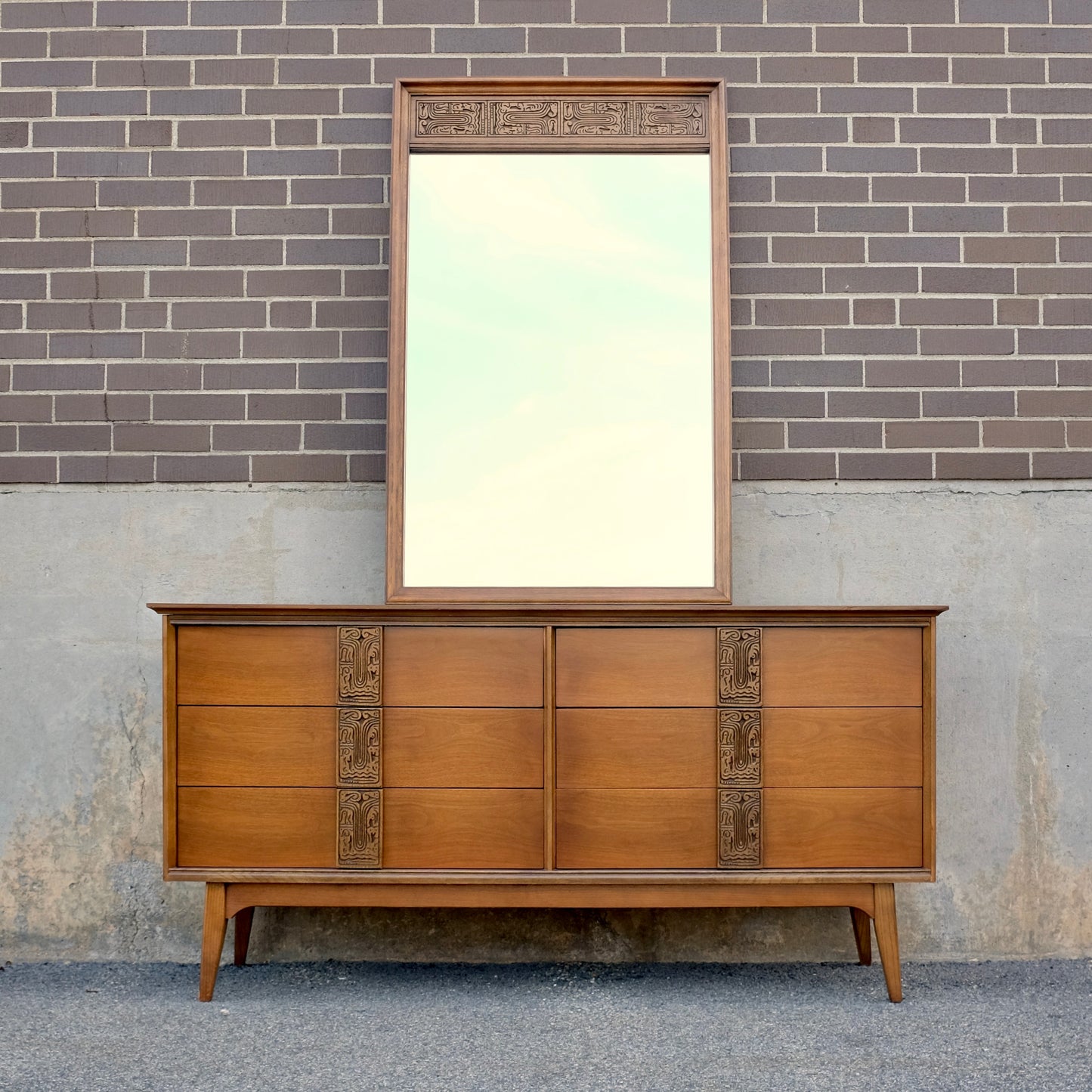 Bassett Furniture "Aztec" Walnut Dresser & Mirror