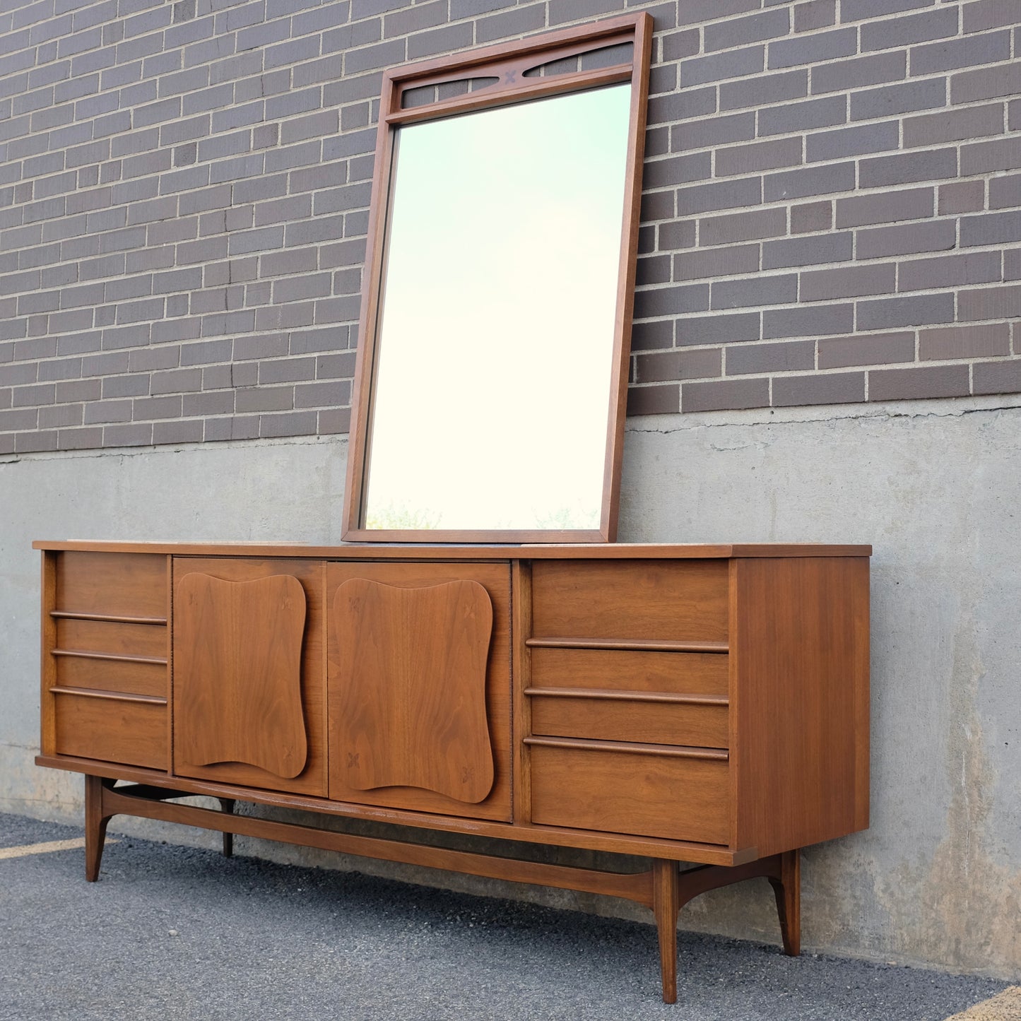Bassett Furniture "Monterey" Walnut & Rosewood Low Dresser & Mirror