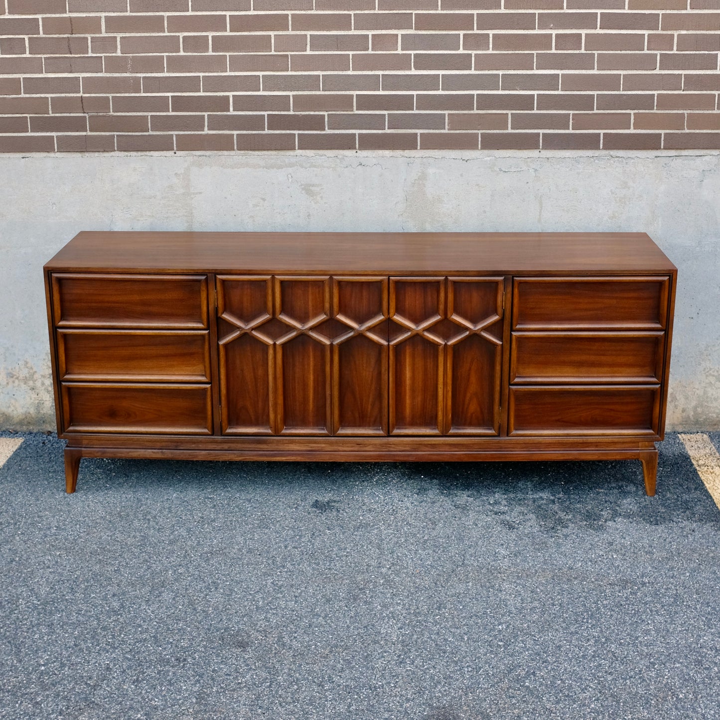 American of Martinsville Walnut X-Design Dresser & Mirrors Designed by Merton Gershun