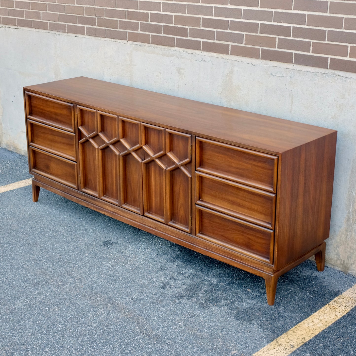 American of Martinsville Walnut X-Design Dresser & Mirrors Designed by Merton Gershun