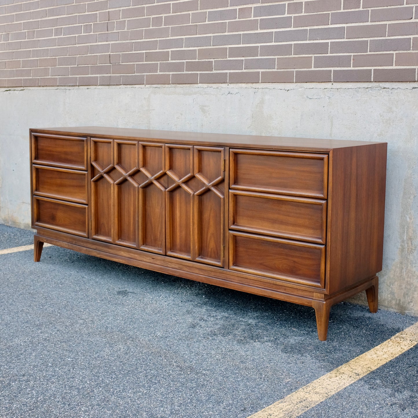 American of Martinsville Walnut X-Design Dresser & Mirrors Designed by Merton Gershun