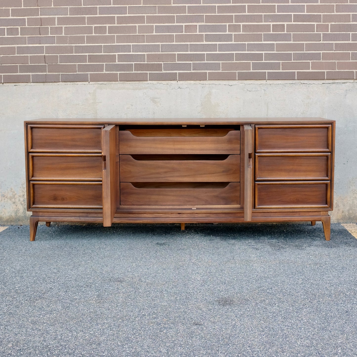 American of Martinsville Walnut X-Design Dresser & Mirrors Designed by Merton Gershun