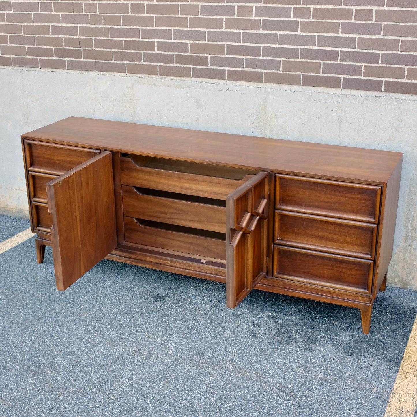 American of Martinsville Walnut X-Design Dresser & Mirrors Designed by Merton Gershun