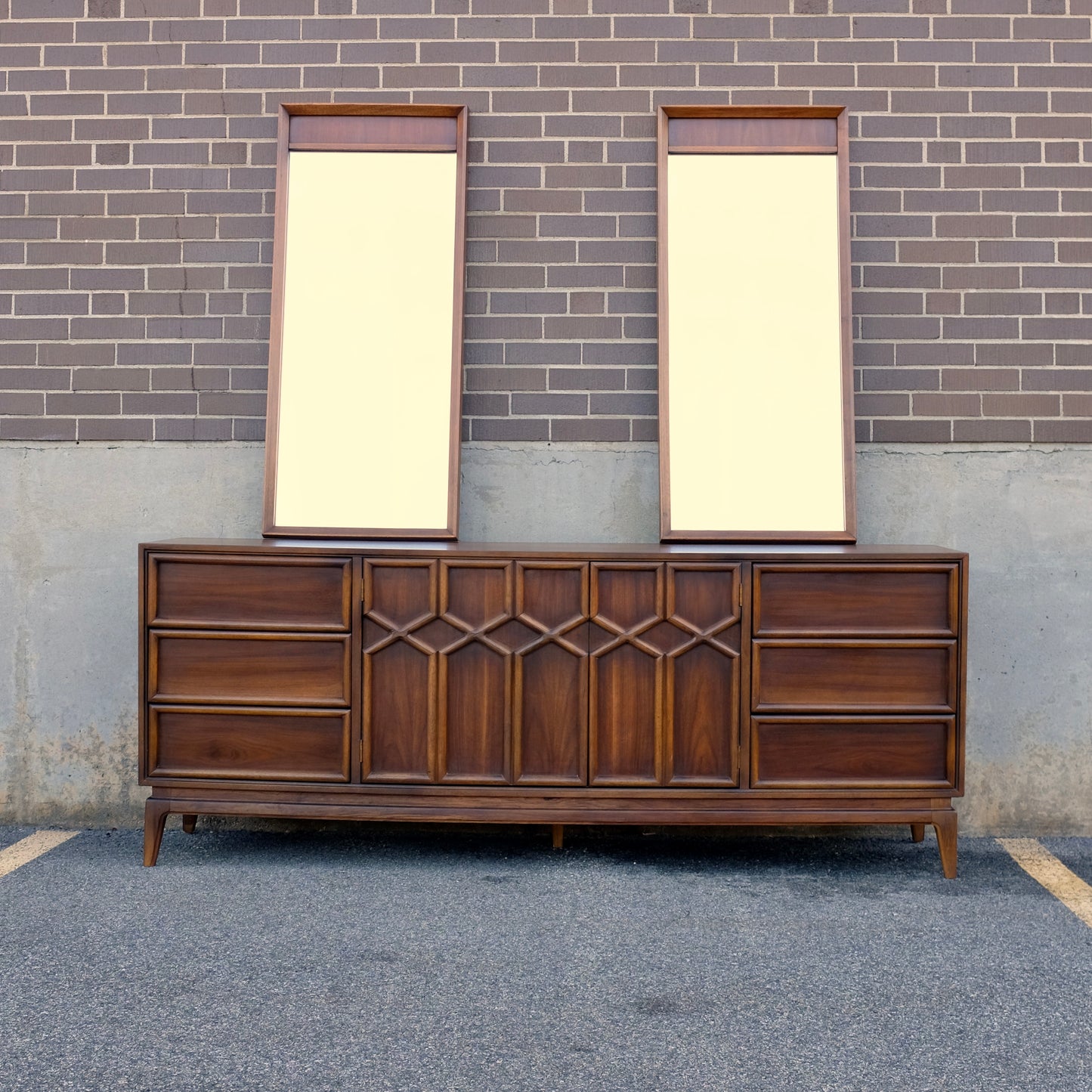 American of Martinsville Walnut X-Design Dresser & Mirrors Designed by Merton Gershun
