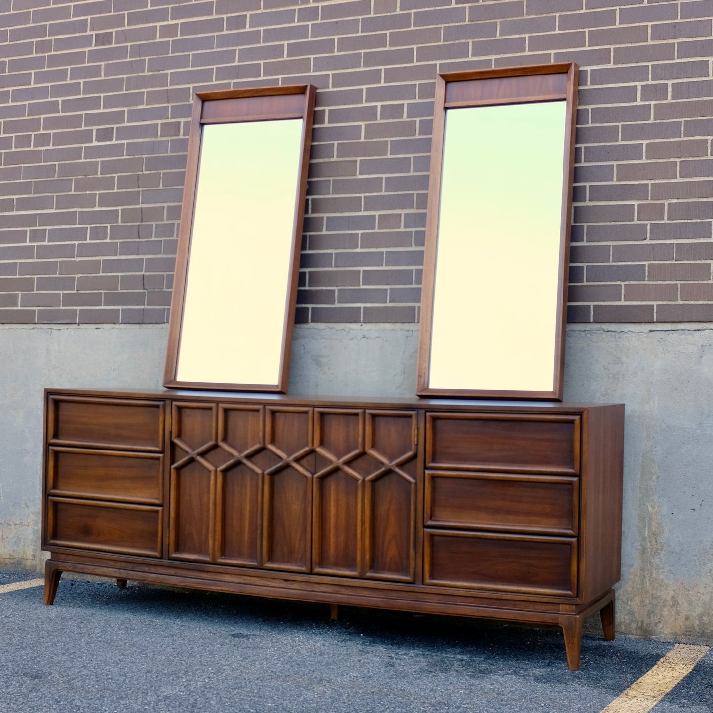 American of Martinsville Walnut X-Design Dresser & Mirrors Designed by Merton Gershun