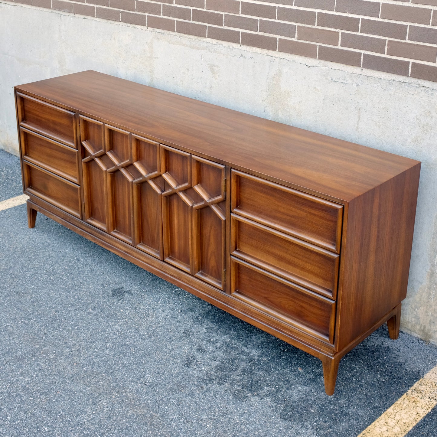 American of Martinsville Walnut X-Design Dresser & Mirrors Designed by Merton Gershun