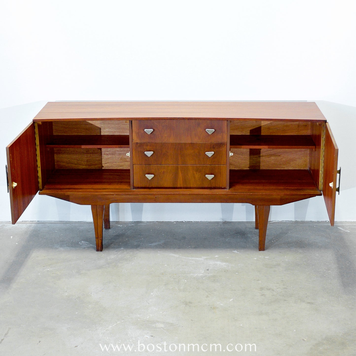 British Small Credenza with Metal Handles and Curved Front
