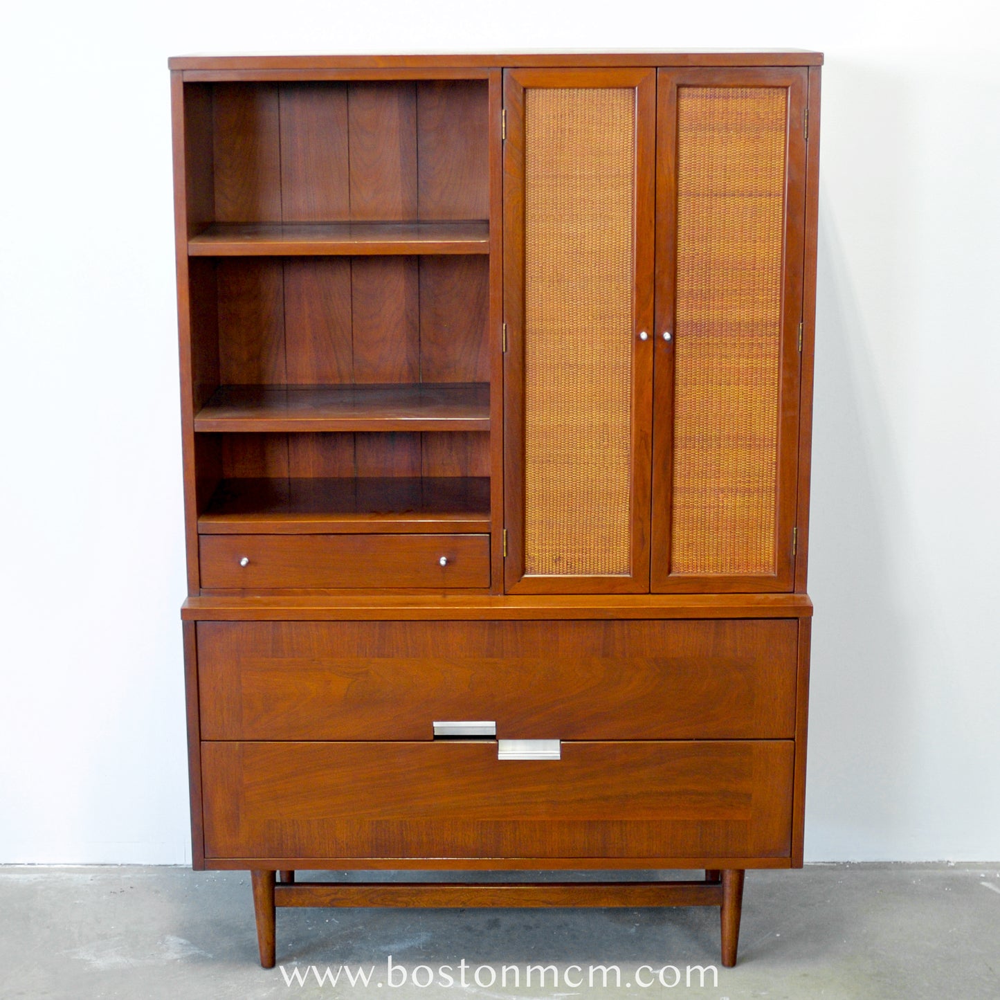 American of Martinsville "Accord" Walnut & Cane Hutch / China Cabinet