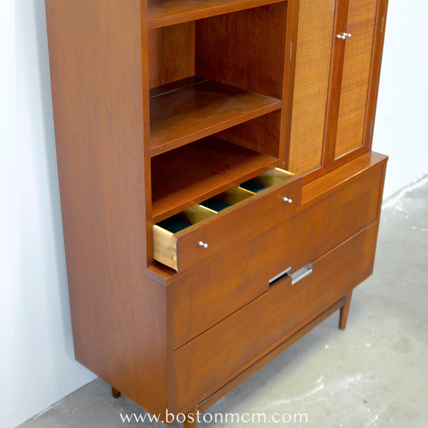 American of Martinsville "Accord" Walnut & Cane Hutch / China Cabinet