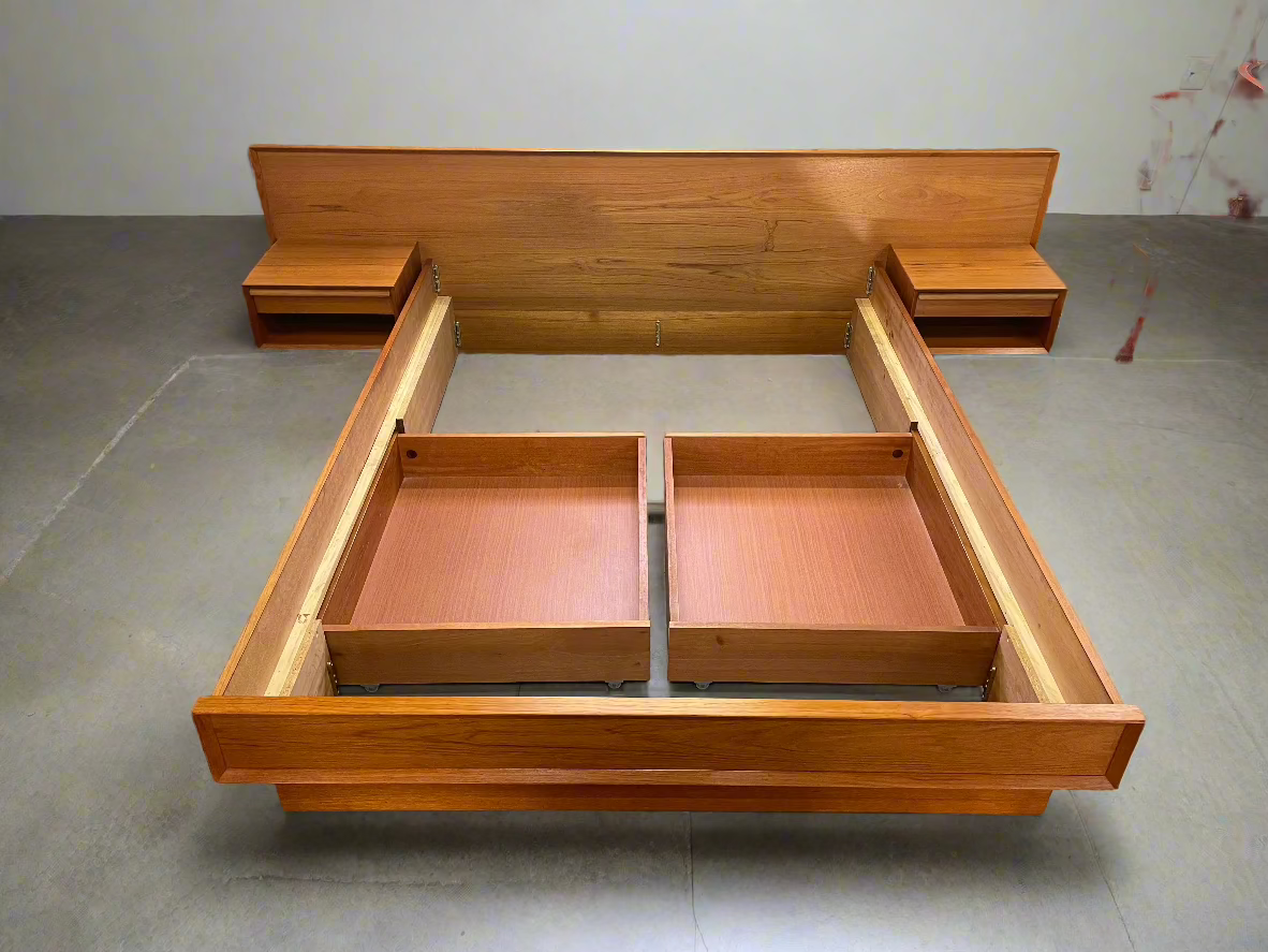 Danish Teak Queen Size Bed Frame with Built-In Nightstands and Under-Bed Drawers - #A1565
