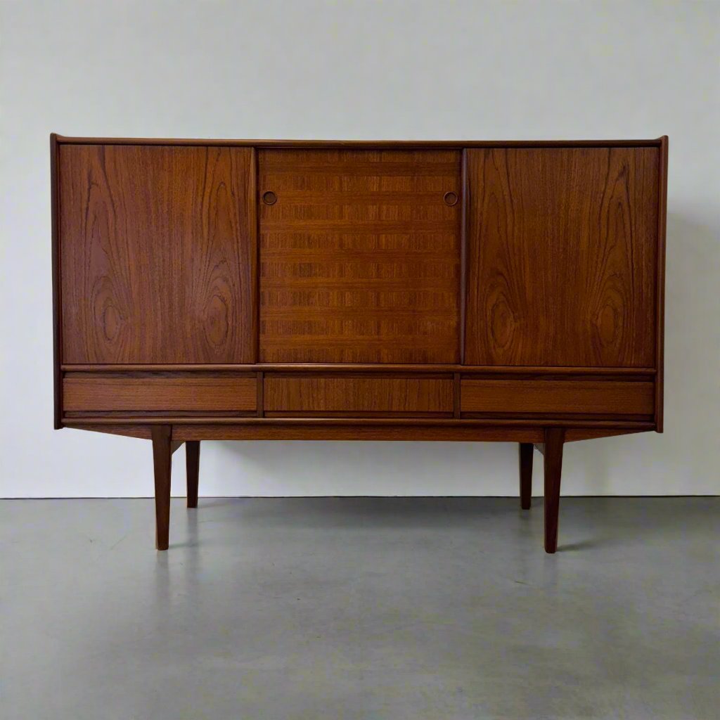 Danish Teak Tall Sideboard / Highboard with Inlaid Veneer Design - #A1639