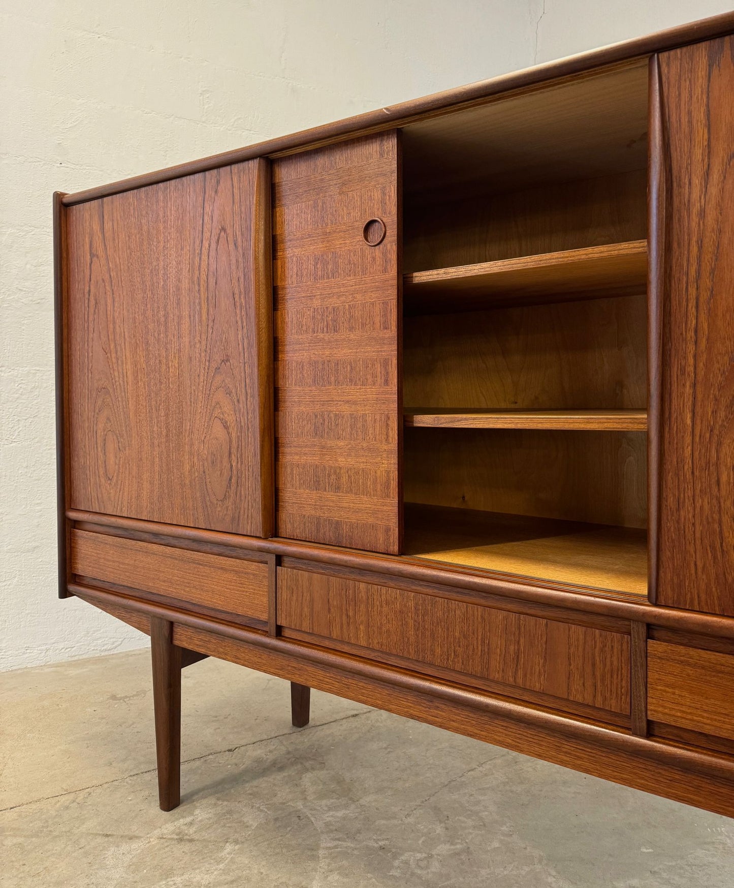 Danish Teak Tall Sideboard / Highboard with Inlaid Veneer Design - #A1639