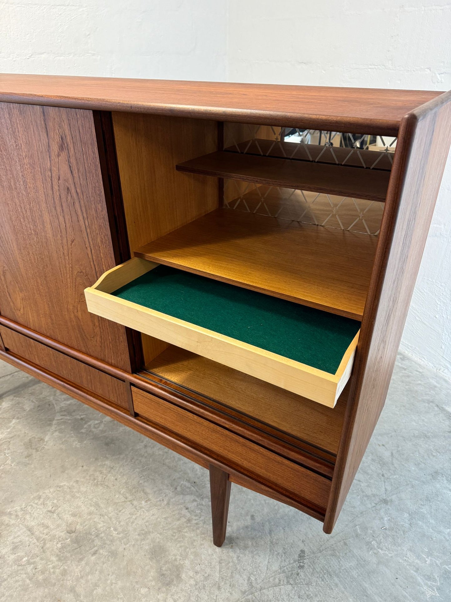 Danish Teak Tall Sideboard / Highboard with Inlaid Veneer Design - #A1639