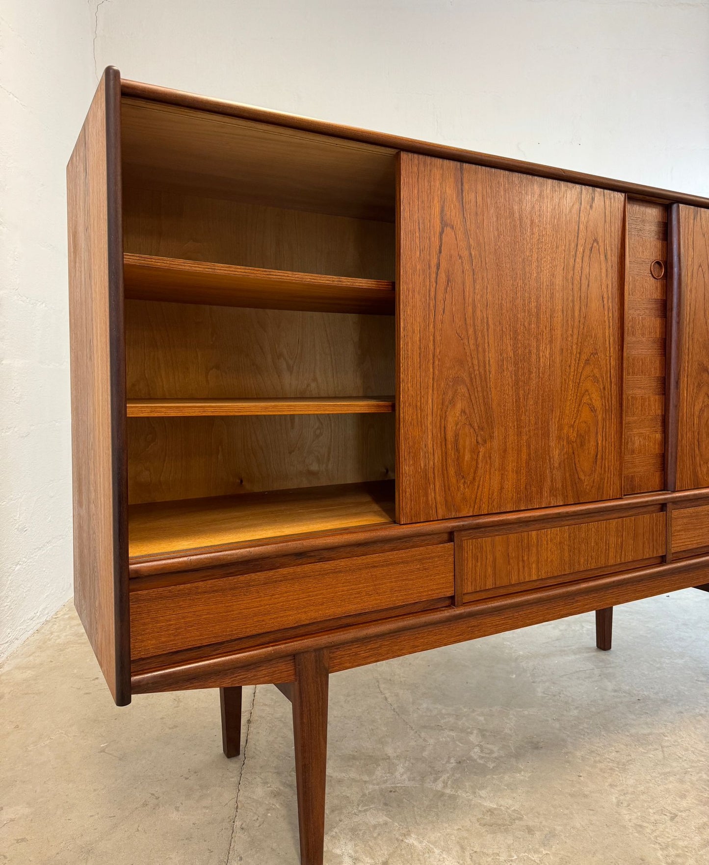 Danish Teak Tall Sideboard / Highboard with Inlaid Veneer Design - #A1639