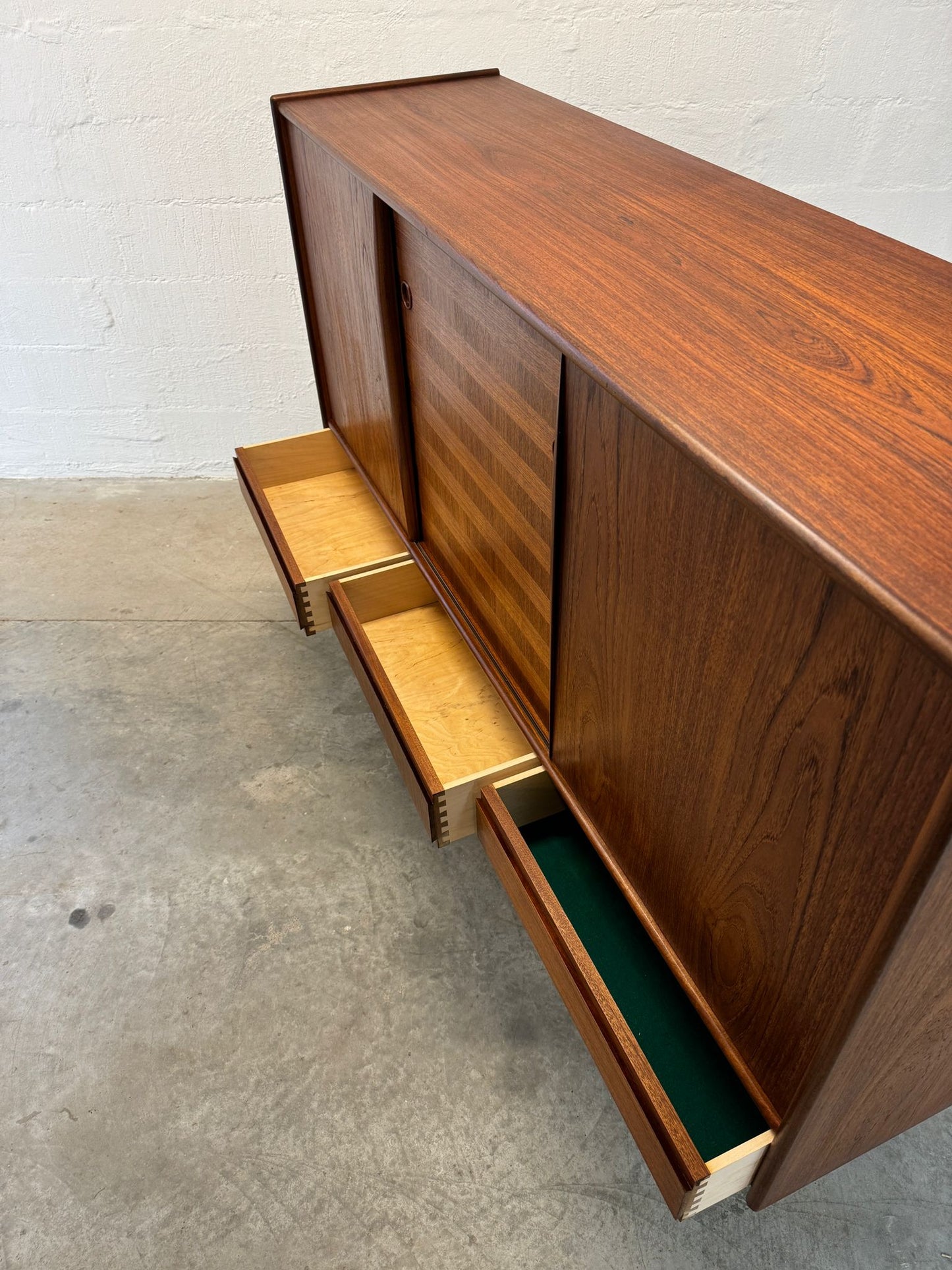 Danish Teak Tall Sideboard / Highboard with Inlaid Veneer Design - #A1639