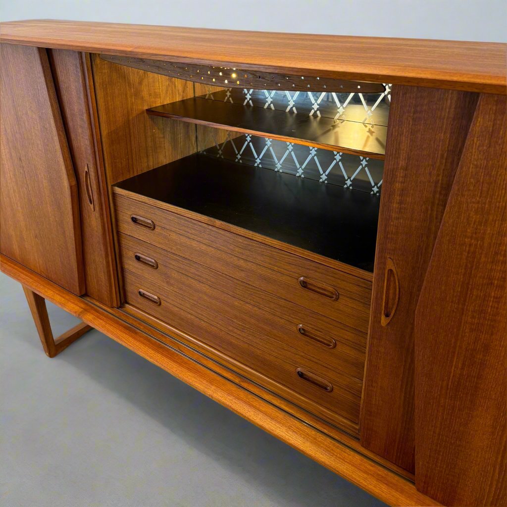 Kurt Østervig Teak Tall Sideboard / Highboard with Illuminated Bar Cabinet - #A1656
