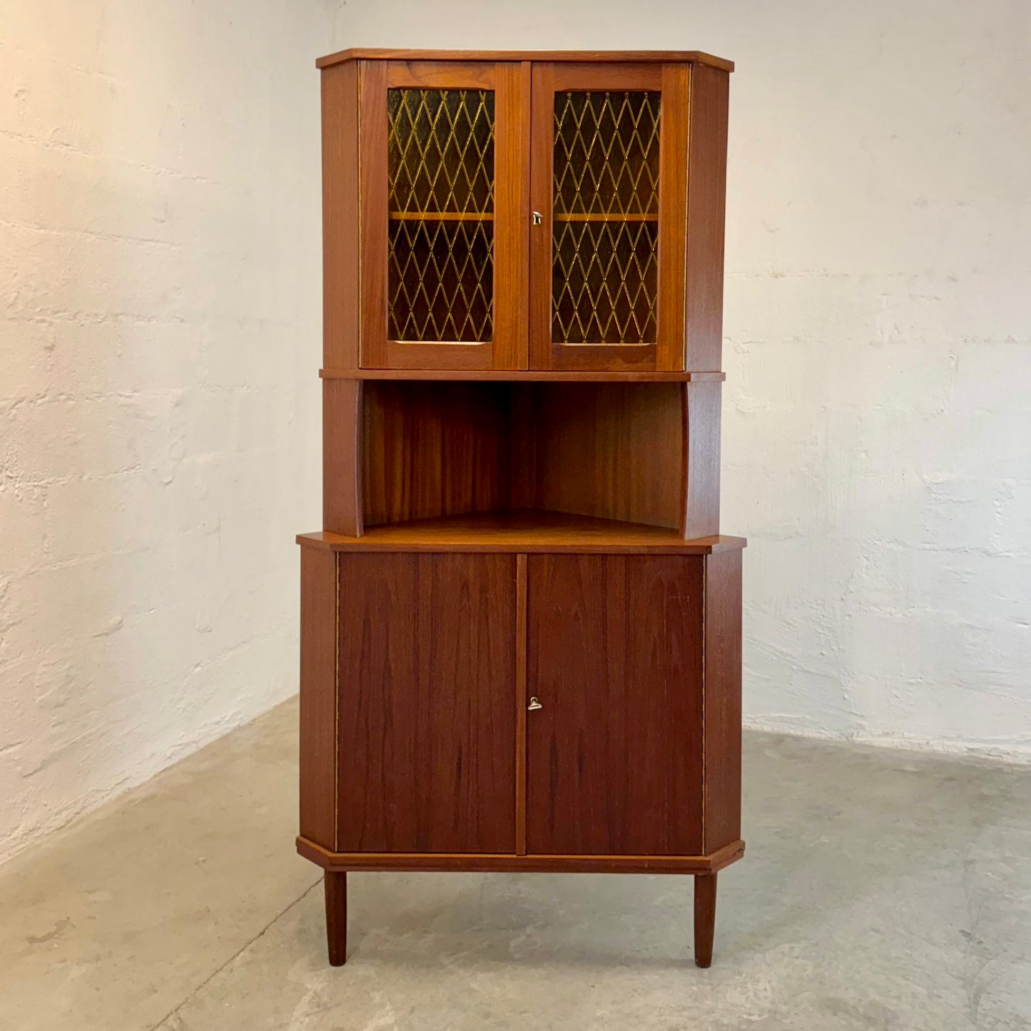 Danish Teak Corner Cabinet with Stained Glass Doors - #A1769