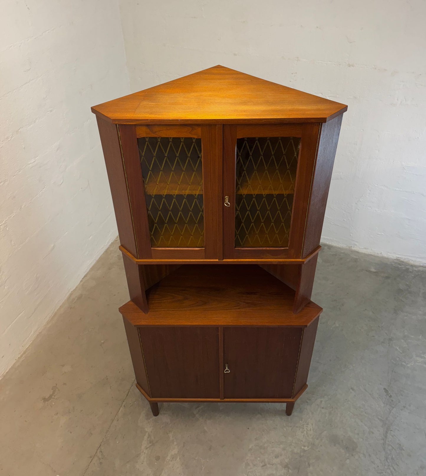 Danish Teak Corner Cabinet with Stained Glass Doors - #A1769