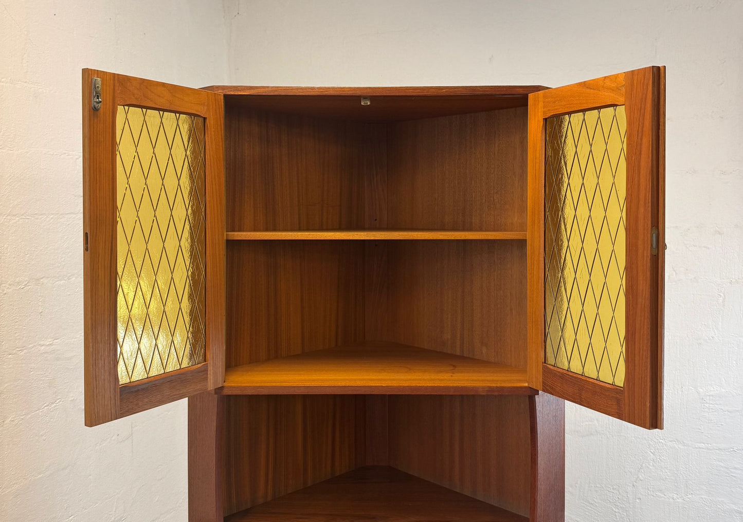 Danish Teak Corner Cabinet with Stained Glass Doors - #A1769