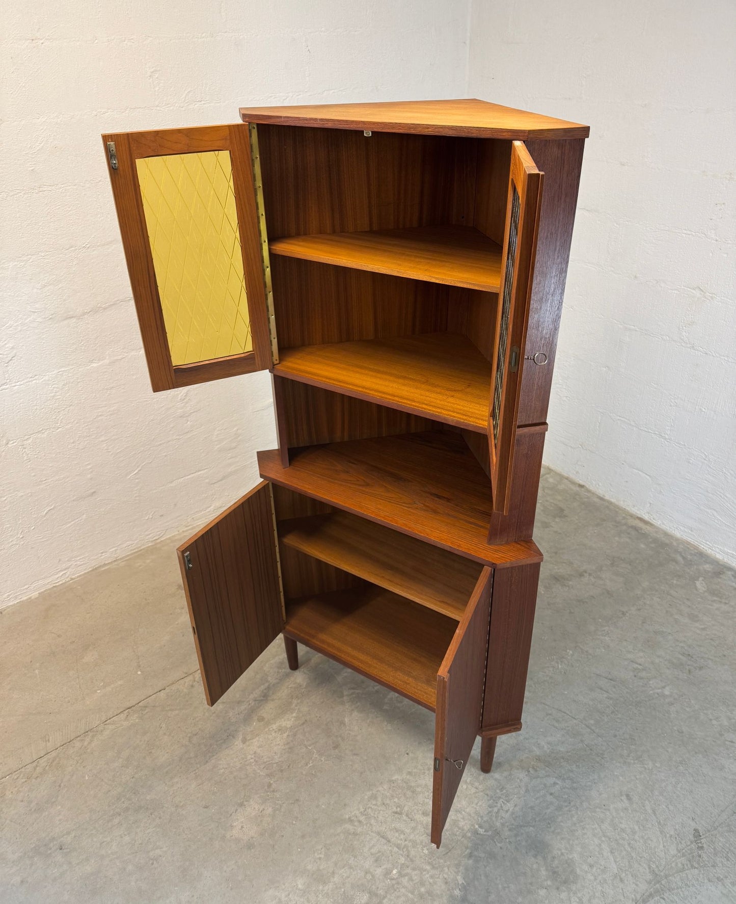 Danish Teak Corner Cabinet with Stained Glass Doors - #A1769
